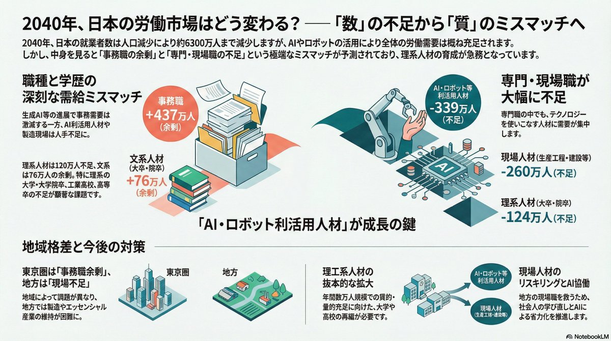経済産業省が公表した「2040年の就業構造推計（改訂版）」2040年の労働