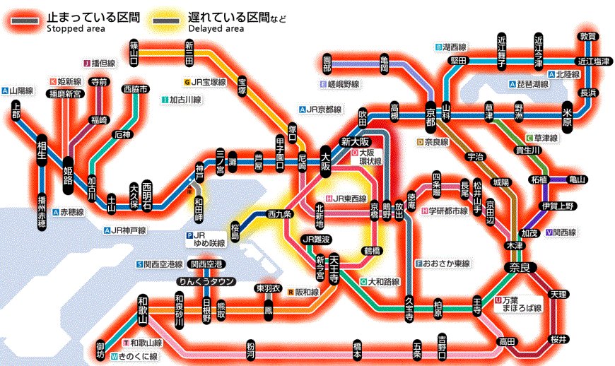8月15日17時24分現在： 台風7号による、京阪神地区：各線区の運転状況
