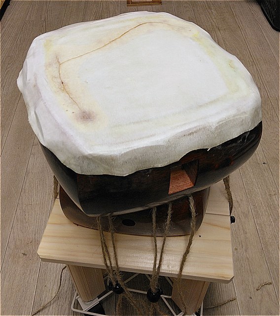 破れた三味線の皮（張り替えではなく、補修・張り直しを試みる） : な