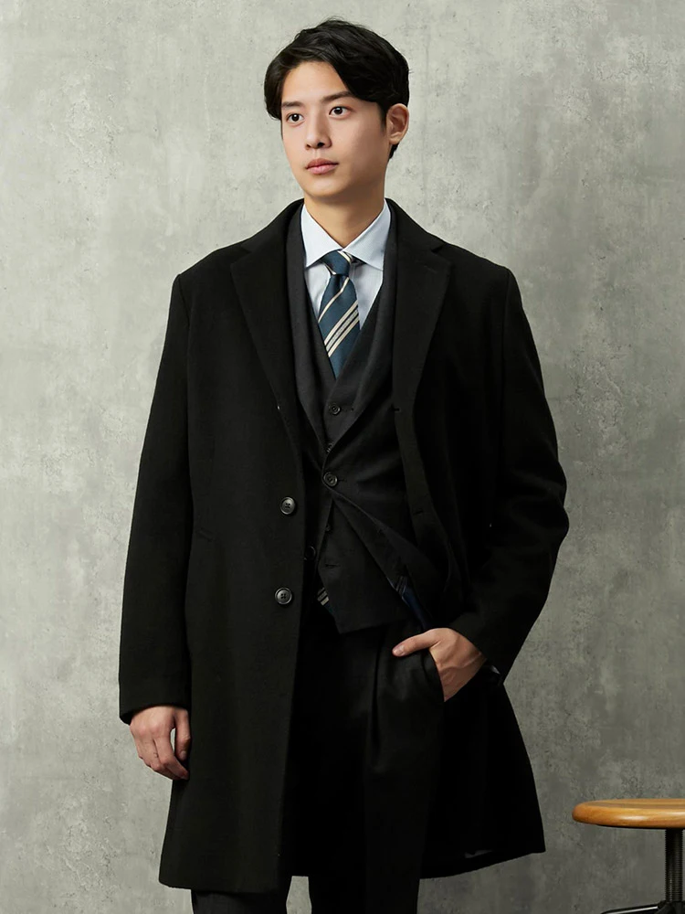 カーキー ウール100％ 国産チェスターコート ブラック/カーキ | P.S.FA