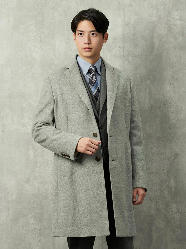 L．グレー カシミヤ混 ウールビーバー生地 チェスターコート ライト