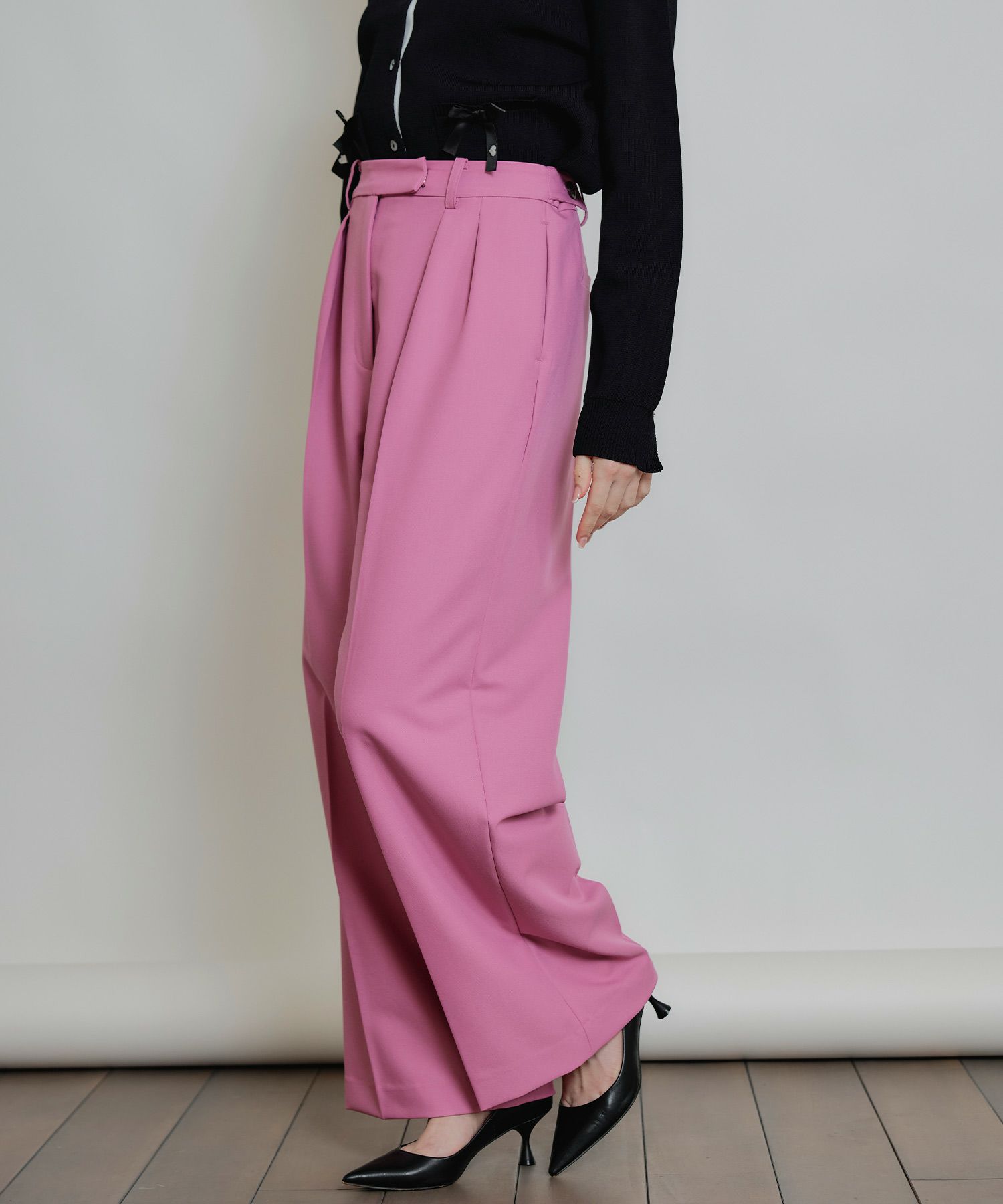 ピンク ワイドパンツ リボン付き 38 ピンク ワイドパンツ リボン付き