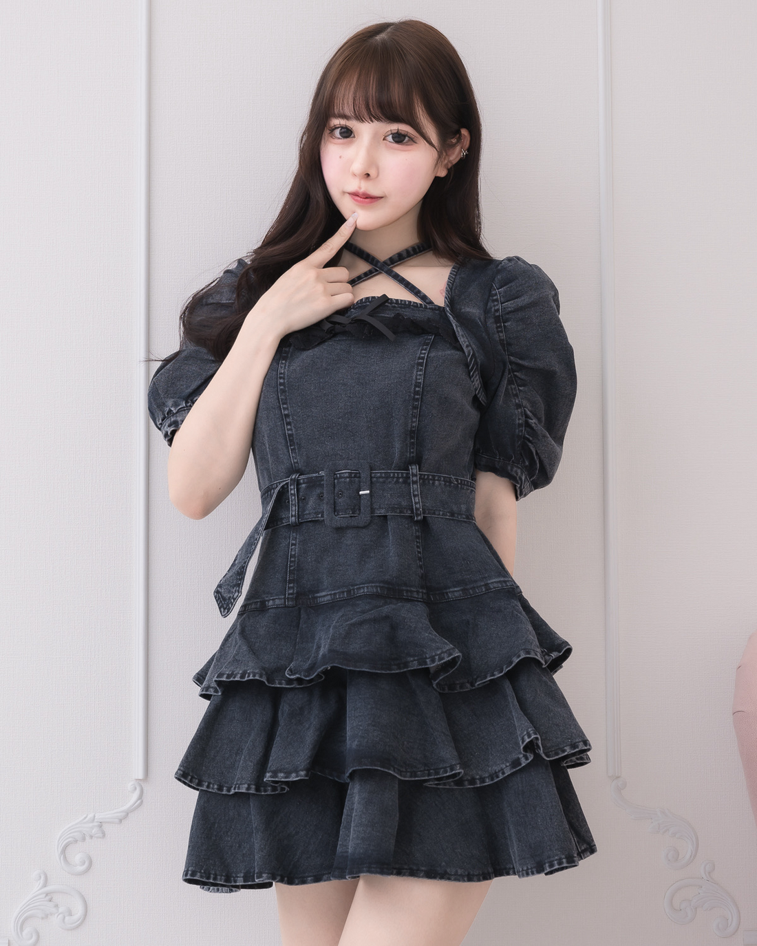 pium ピウム クロスベルト半袖ティアードミニワンピース ネイビー pium
