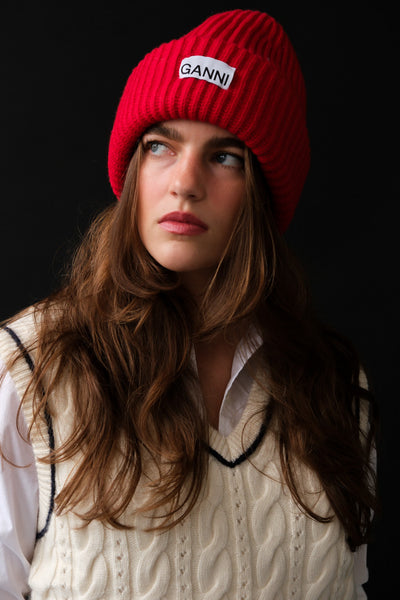 Ganni structured rib beanie wool kalamata olive green | Pipe and