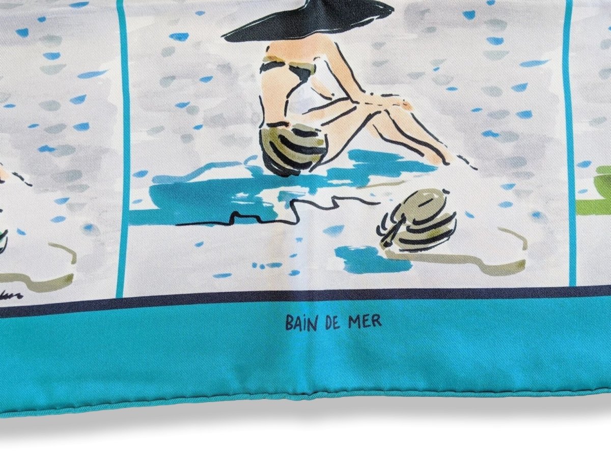 Hermes 2016 Turquoise BAIN DE MER by Jean-Louis Clerc Vintage Silk