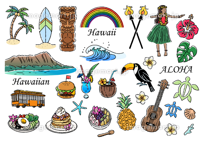 ハワイ 手描き線画 イラストセット [224419372]｜毎月1点無料（フリー