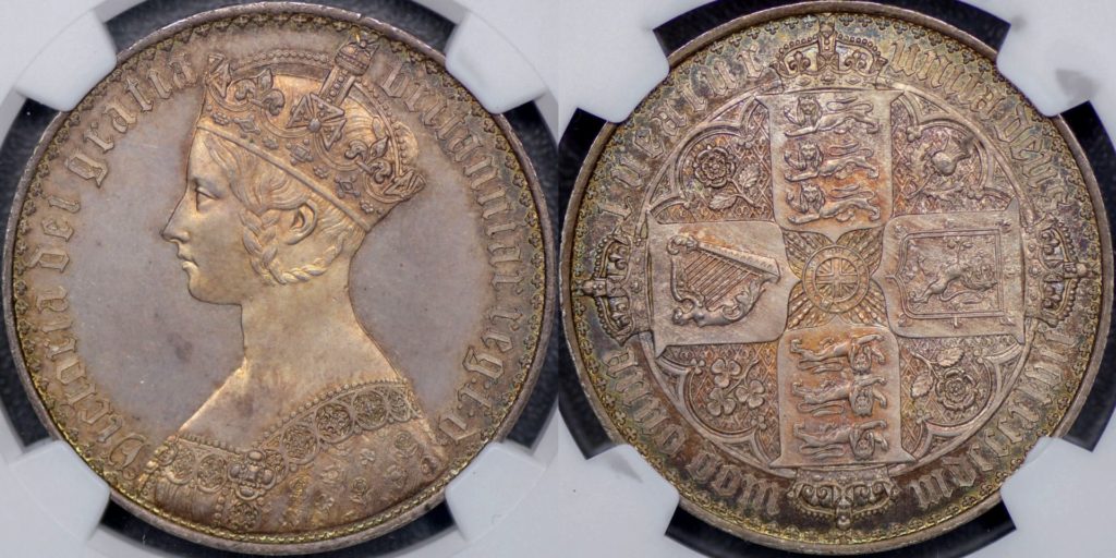 イギリス1847年ヴィクトリア女王ゴシッククラウン銀貨NGC PF64