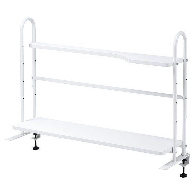 机上でクランプ固定でき、デスクに収納力を追加できる2段の机上ラック