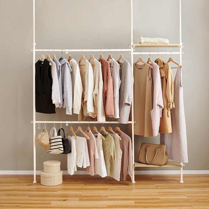 伸縮式突っ張りハンガーラック 無段階高さ調節可能 S字フック付き [幅