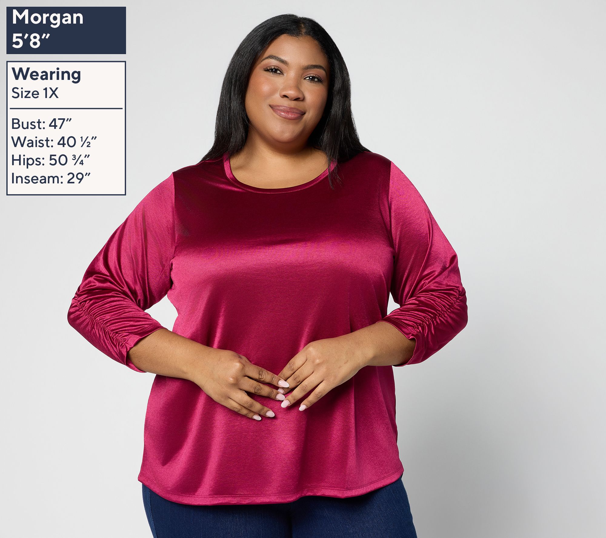 LOGO by Lori Goldstein Satin Knit 3/4 Ruched Sleeve Top - QVC.com