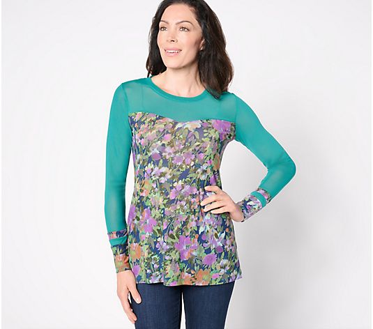 LOGO Layers by Lori Goldstein Printed Sheer Mesh Top with Solid