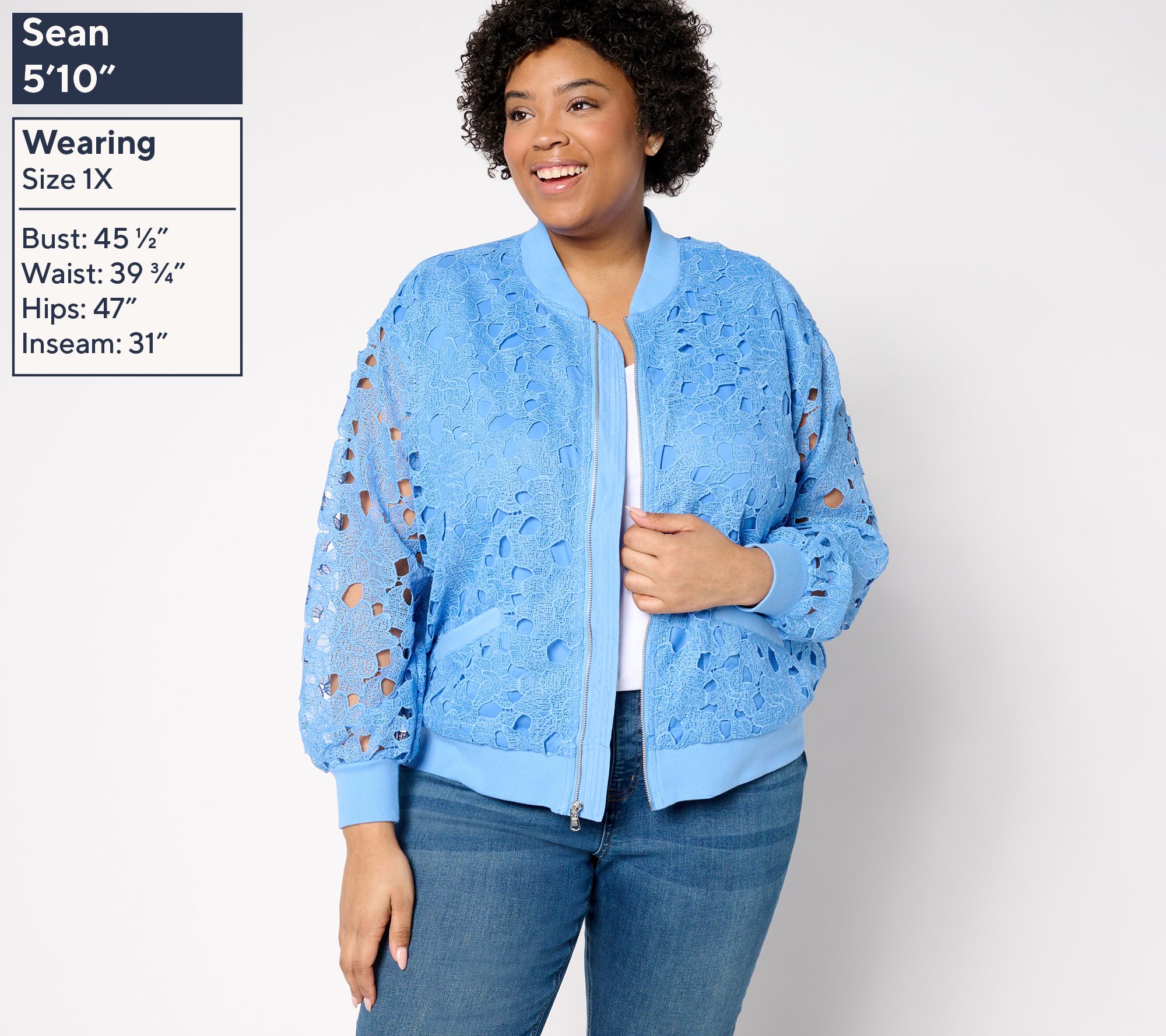 Isaac Mizrahi Live! Zip Front Lace Bomber Jacket with Pockets