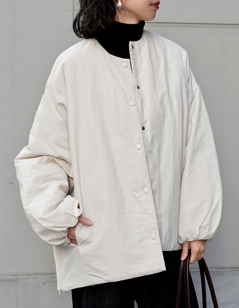 オーバーサイズサイドジップノーカラー中綿ジャケット - ジャケット