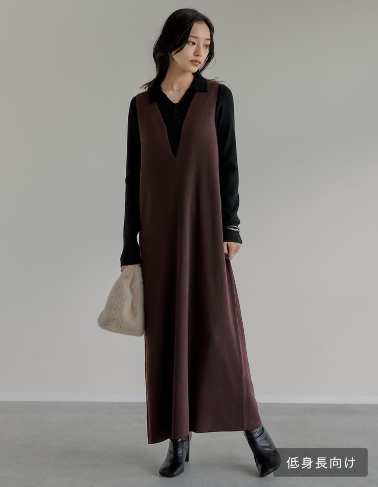 ミラノリブ変形キーネックIラインニットワンピース - ワンピース通販