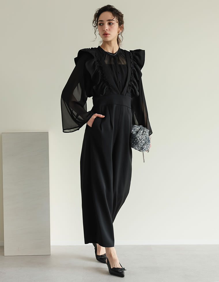 フロッキードットor無地フリルワイドストラップサロペット