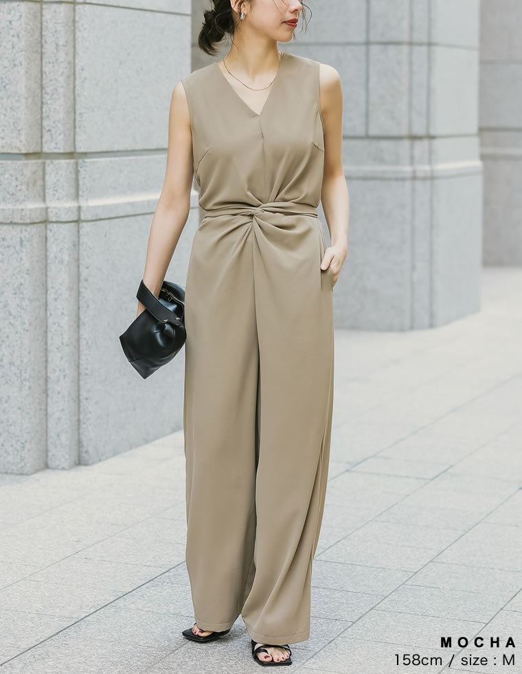 ウエストリボンノースリーブオールインワン - オールインワン通販