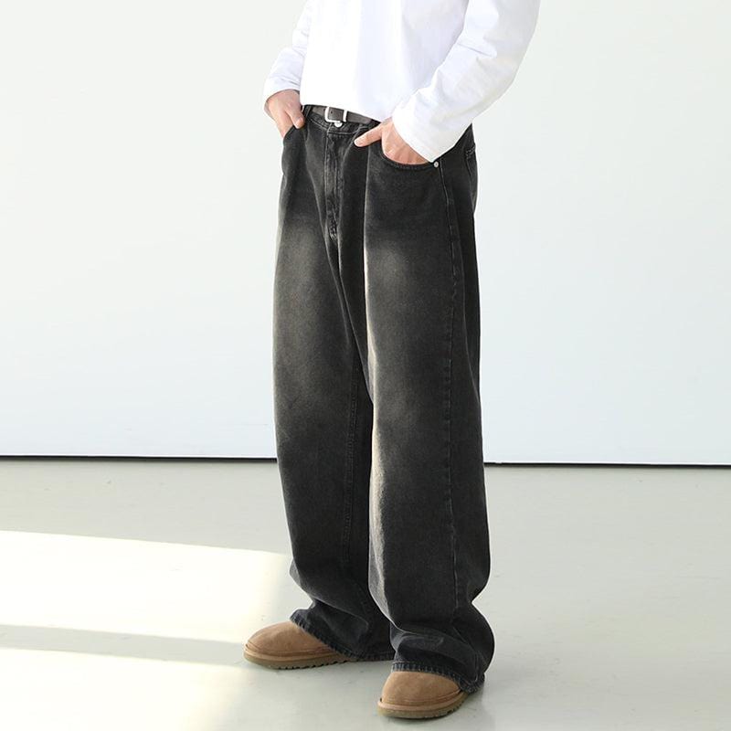 RT No. 7002 WASHED BLACK WIDE STRAIGHT DENIM JEANS – REALTAKAI