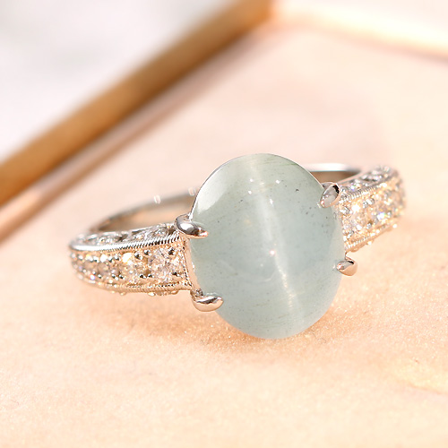 アクアマリンキャッツアイ4.8ct ダイヤモンド0.3ct プラチナ リング