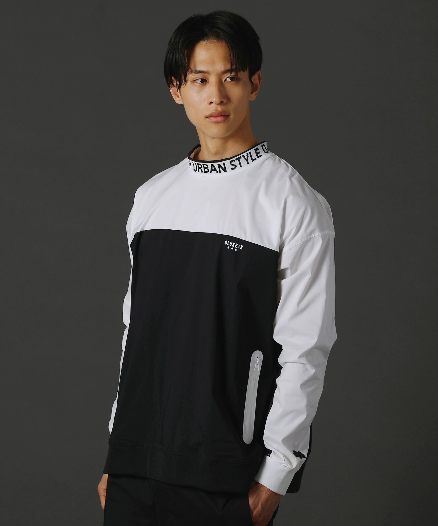 撥水加工ストレッチ布帛止水ZIPバイカラーハイネック長袖プルオーバー