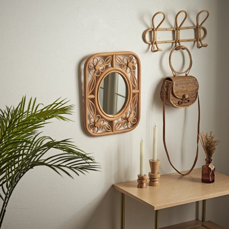 ミラー 鏡 ラタン 籐 取り付け用フック付き 約 W 32.5cm D 2cm H 42cm