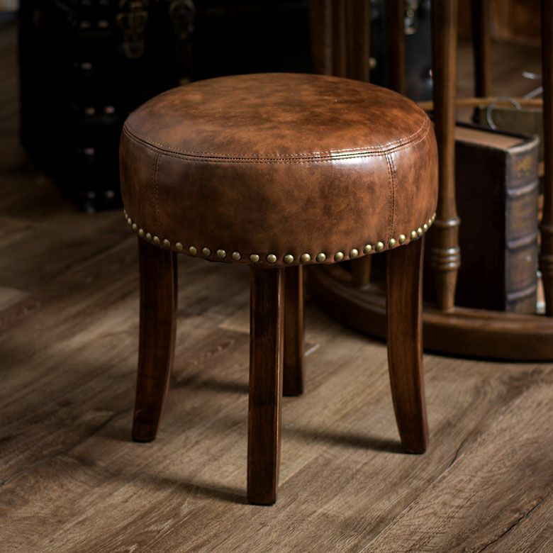 スツール 円形 ラウンド 木製 猫脚 レザー座面 高さ40cm ブラウン 茶