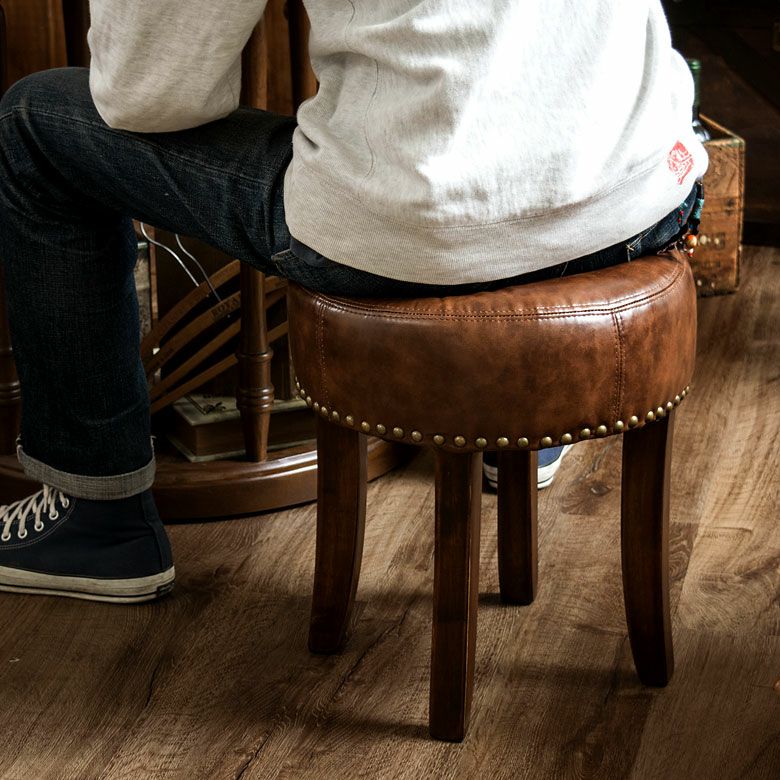 スツール 円形 ラウンド 木製 猫脚 レザー座面 高さ40cm ブラウン 茶