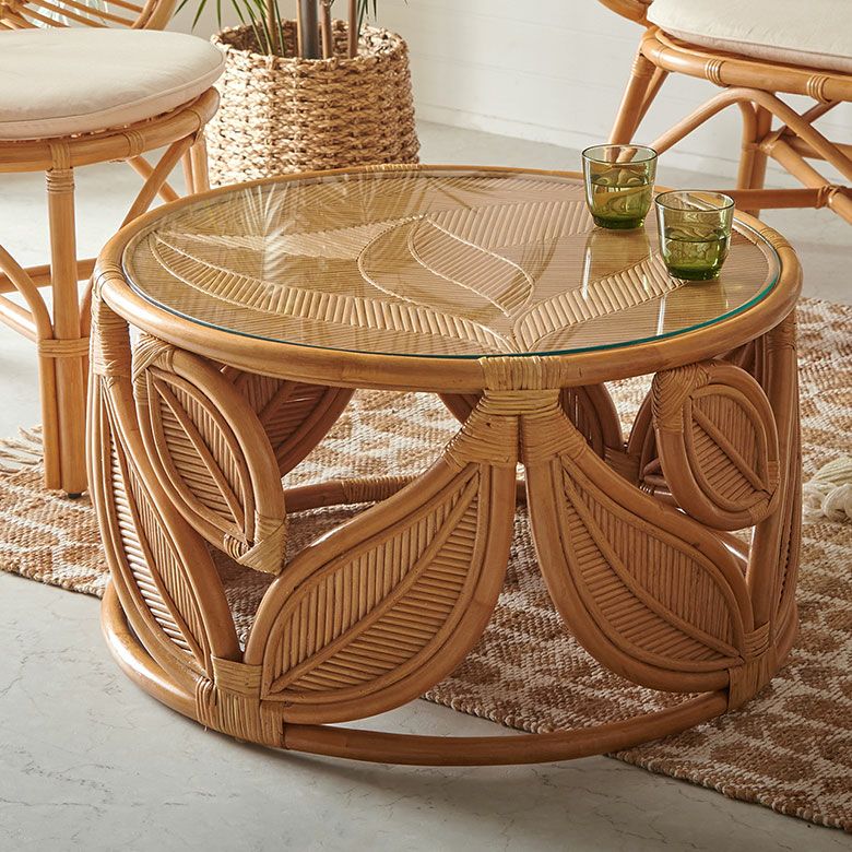 ラタン テーブル ガラス 天板 ローテーブル 丸型 センターテーブル 丸