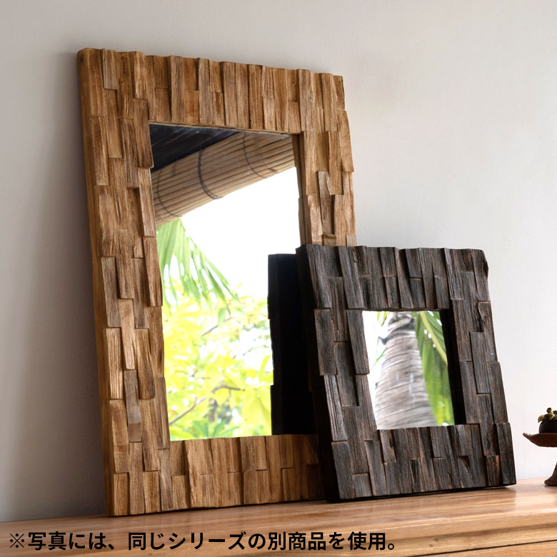 ミラー 壁掛け 木製 フレーム 木枠 正方形 チークウッド ナチュラル M