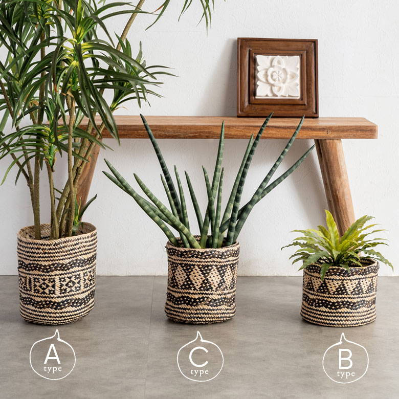 プランターカバー 筒形 円柱 ラタン製 ネイティブ柄 深型タイプ S 約