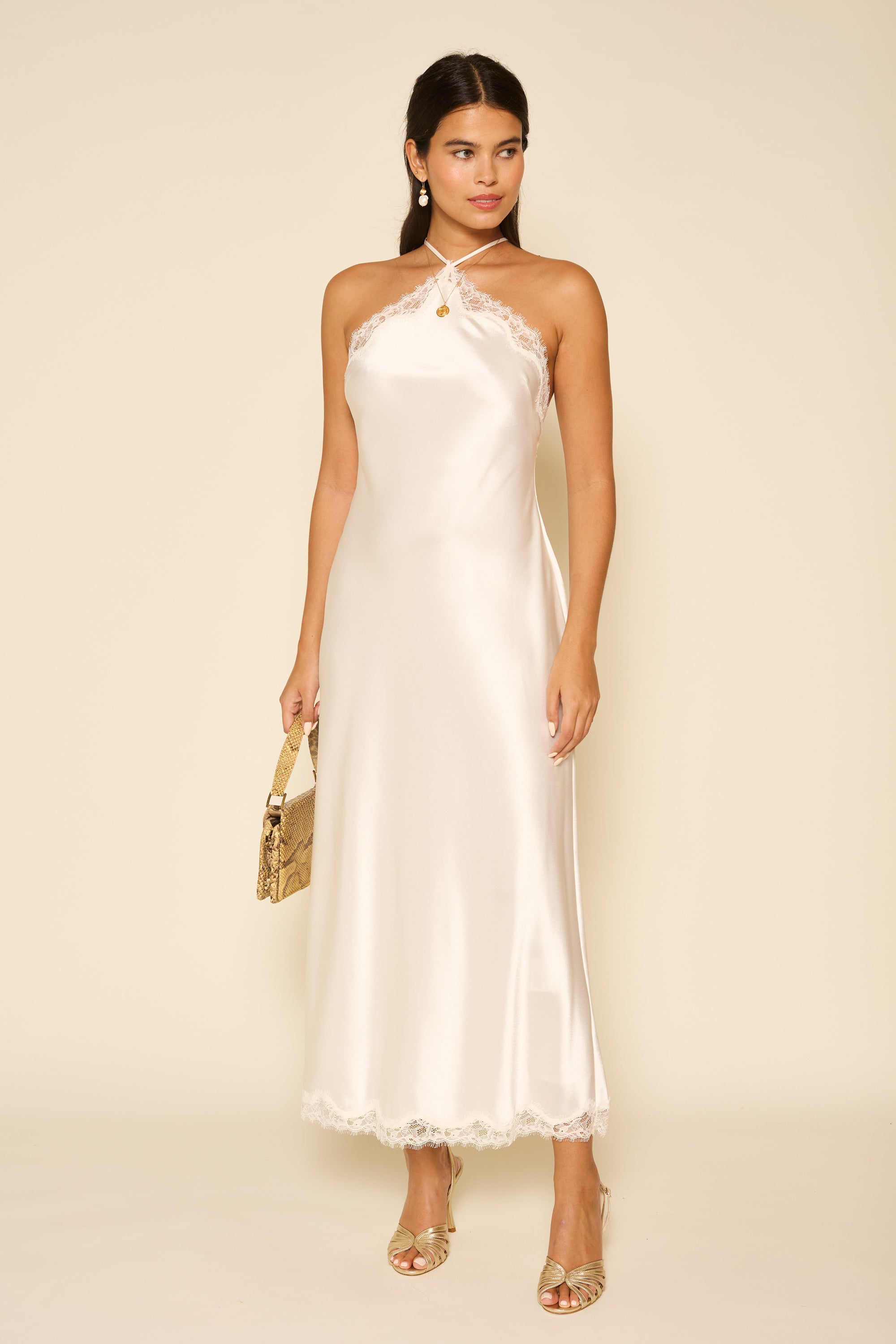 Harlan Satin Midi Dress in Cream Ivory | RIXO USA ⋆