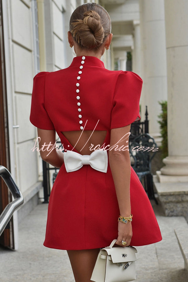 Sweet Moment Slit Short Sleeve Backless Removable Satin Bow Mini
