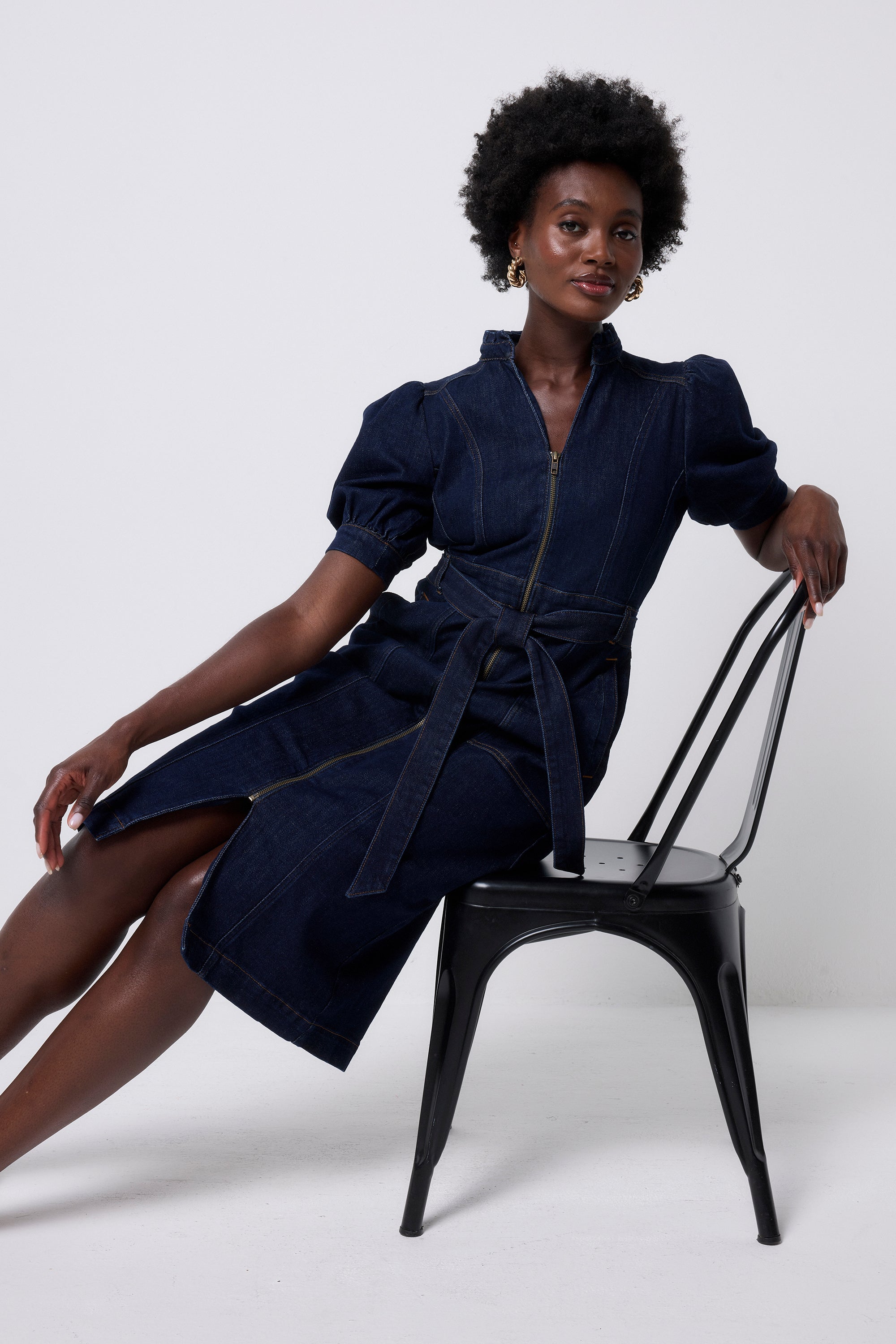 &lovehelloさま専用】Blue DenimApron Dress Dark Denim Zip Front
