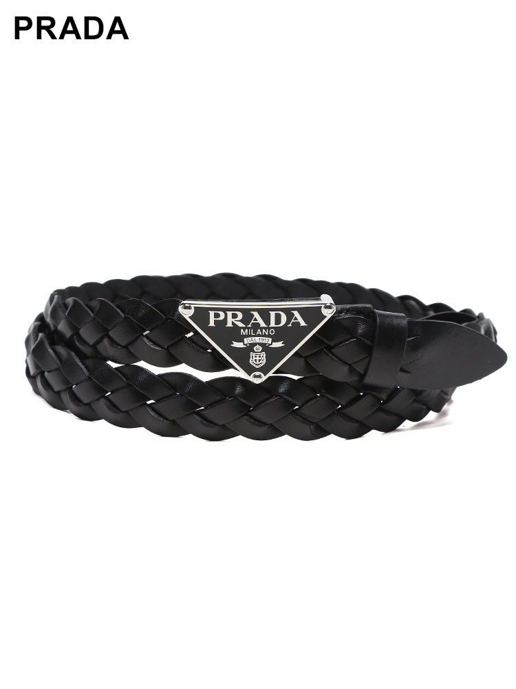 PRADA (プラダ) レザー ブレード編み ロゴバックル留め メッシュベルト