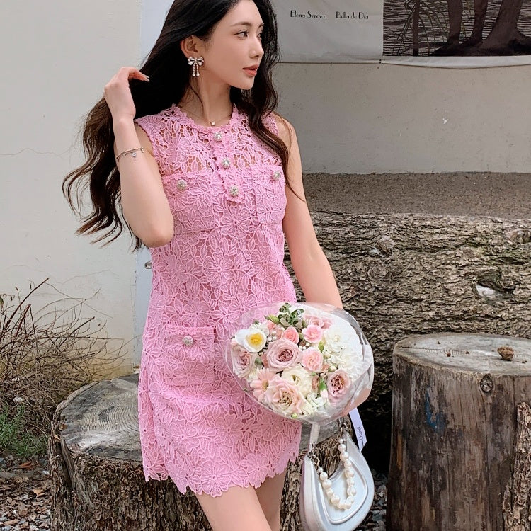 ノースリーブピンクレースミニワンピース – Salang