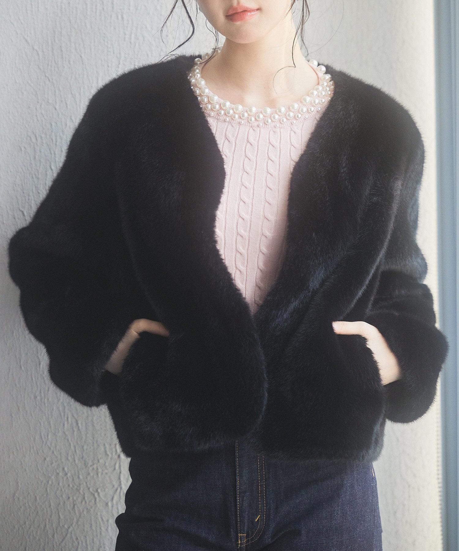 もこもこフェイクファーノーカラージャケットsdpps0625 ブラック