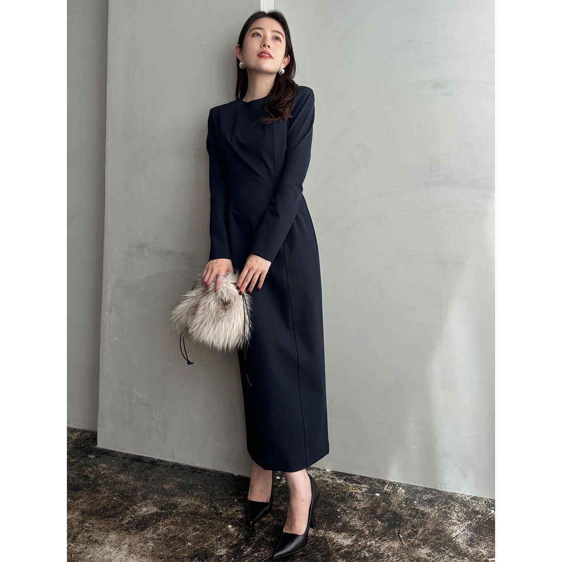 アニュアンス anuans ステッチワークコクーンワンピース （NAVY