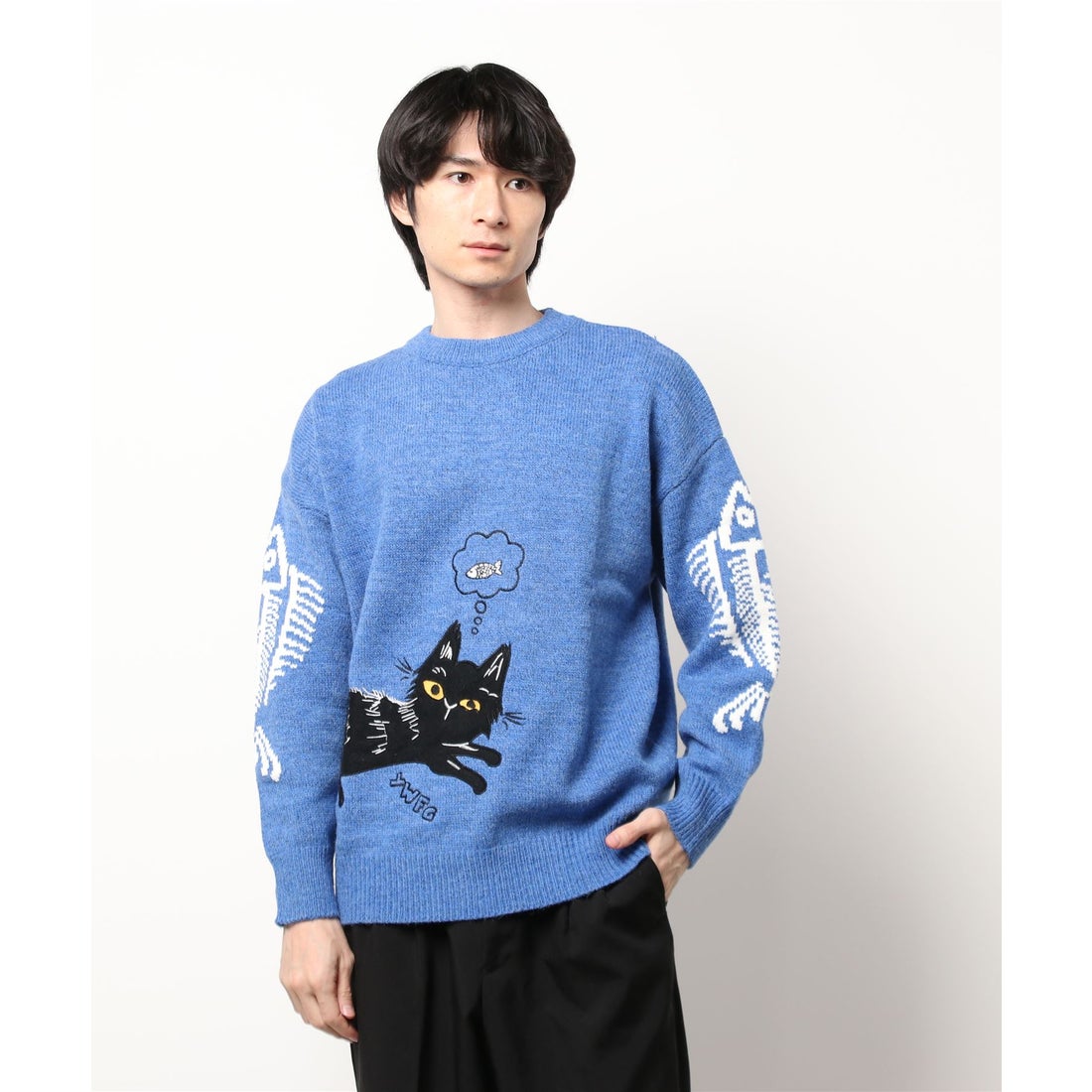 アイモハ aimoha 【HOOK】個性派・かわいい猫とサカナ刺繍ニット