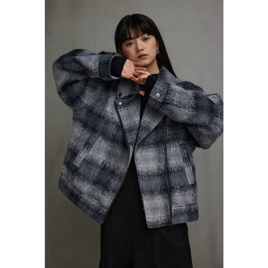 AZUL BY MOUSSY シャギーチェックライダースジャケット 柄BLK5
