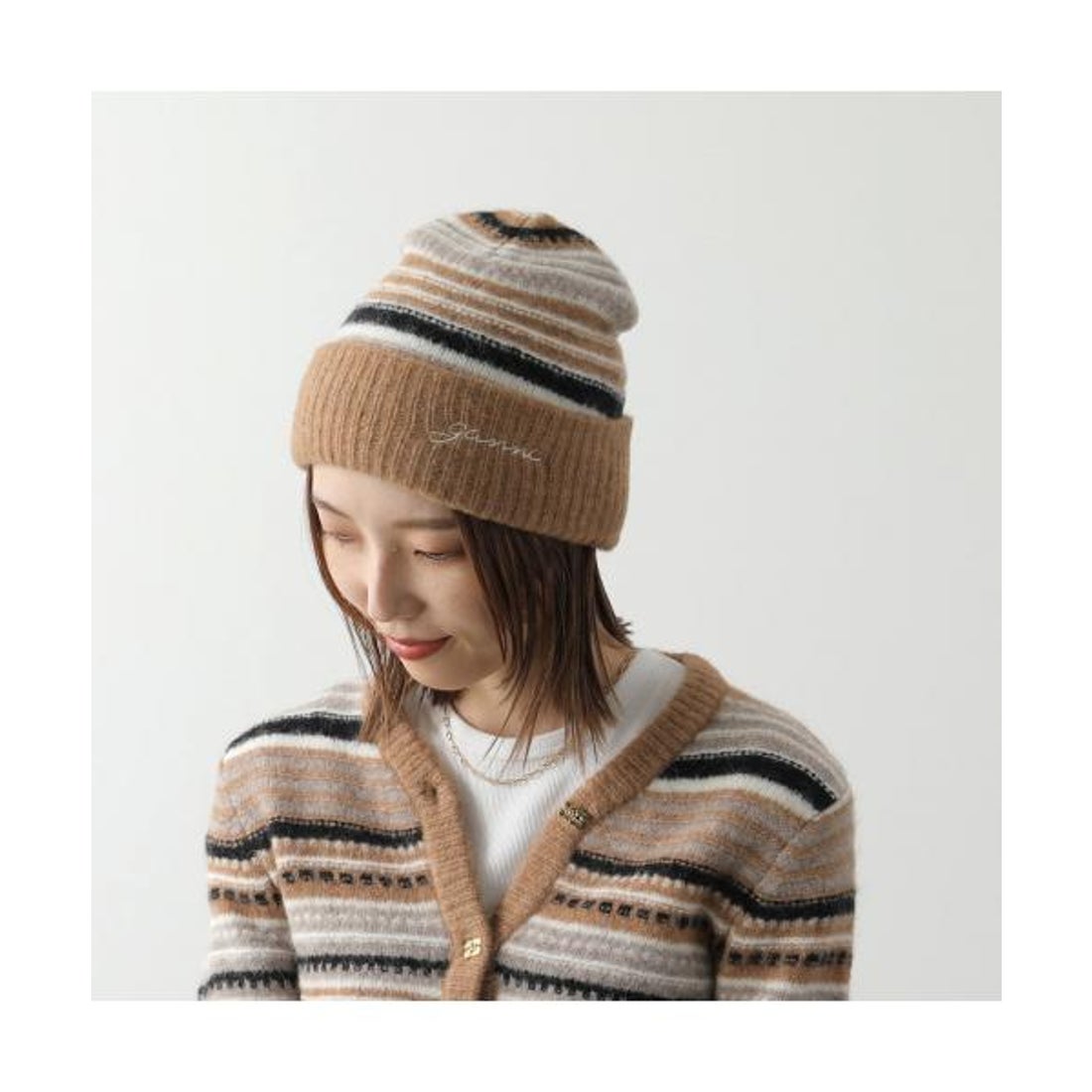ガニー GANNI GANNI ニット帽 Striped soft wool beanie ビーニー