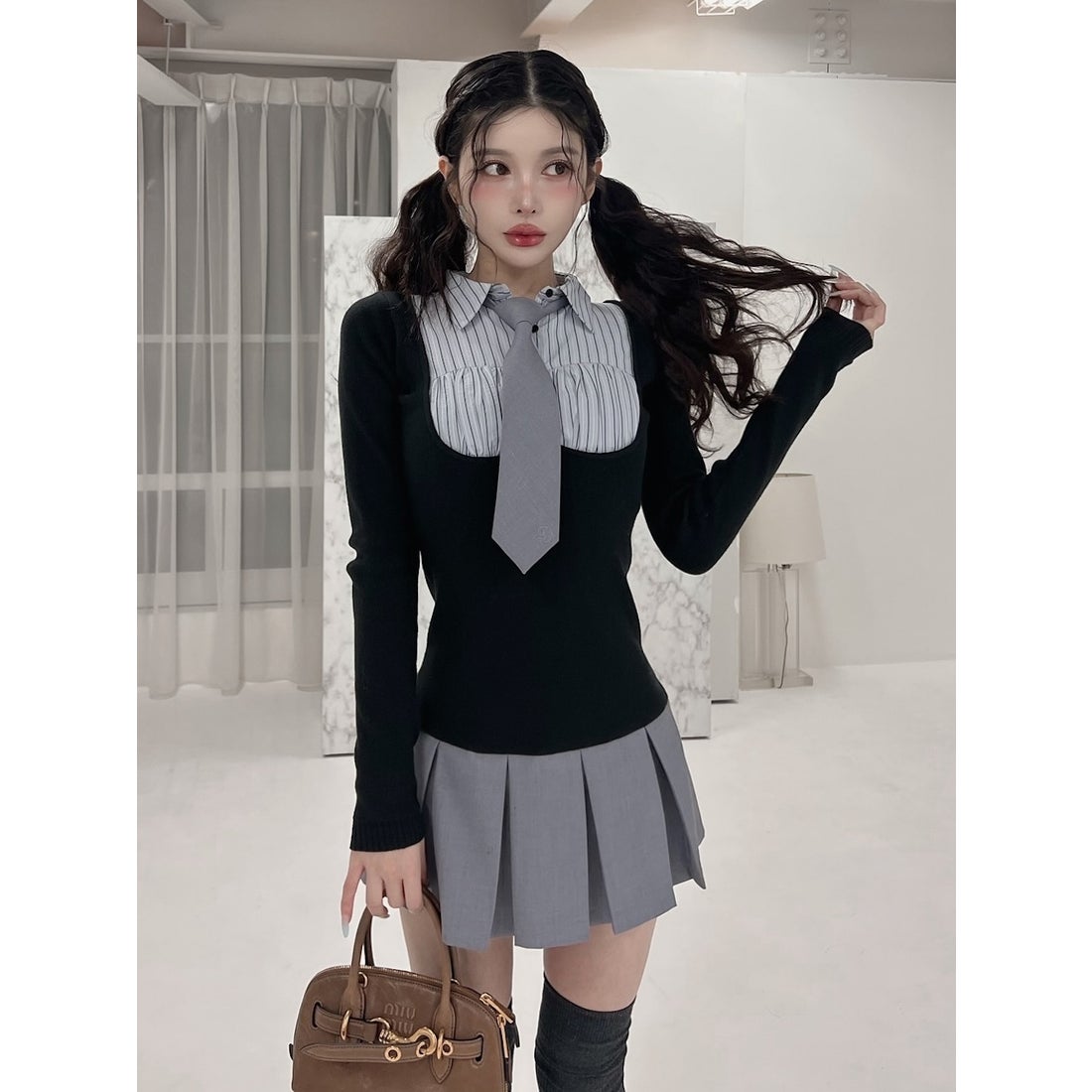 Darich ダーリッチ シャツドッキングプリーツニットミニワンピース BLK