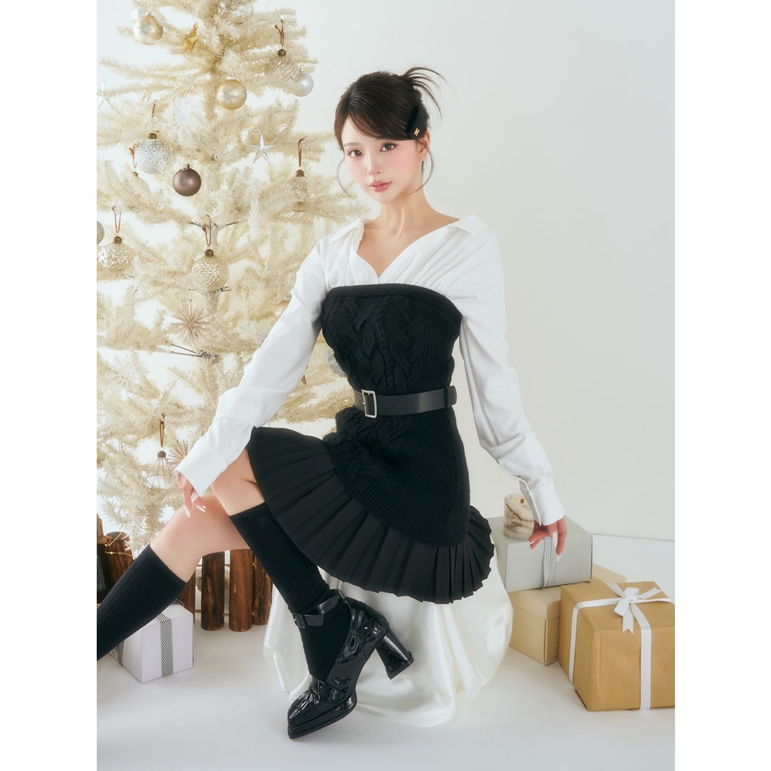 ダーリッチ Darich シャツドッキングプリーツニットミニワンピース