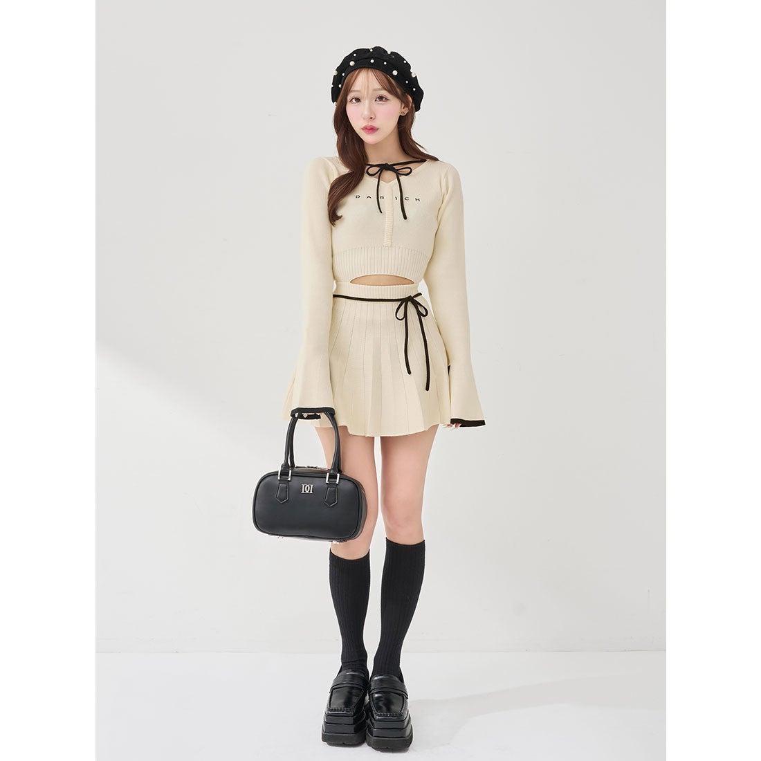 ダーリッチ ウエストオープンリボンデザインニットミニワンピース ivo
