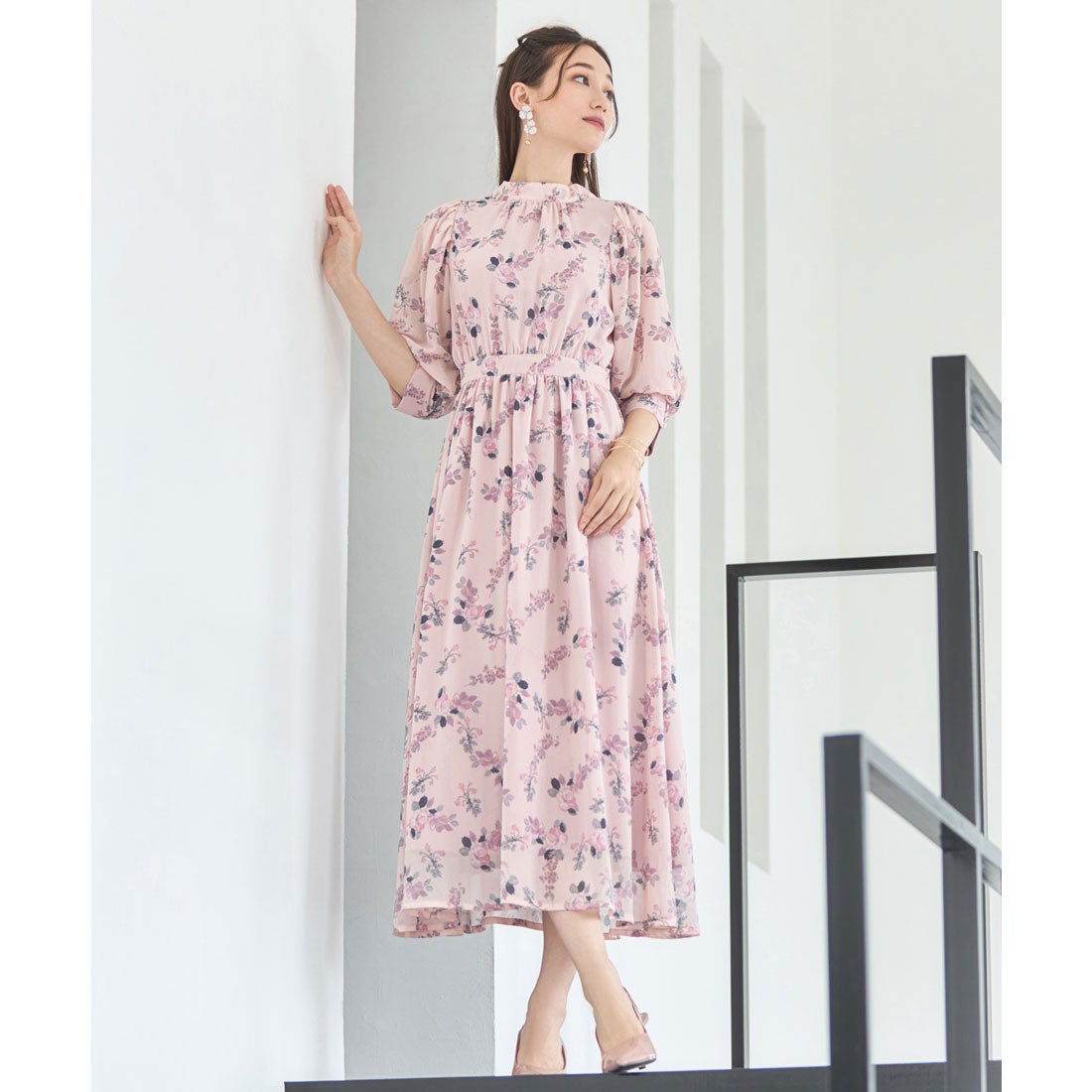 ドレスプラス DRESS+ ワンピース 花柄 半袖 ミモレ丈 フレアワンピース