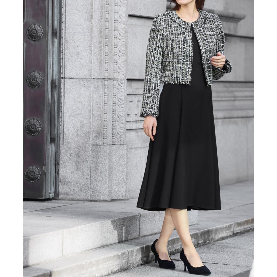 美品 PRADA ツイード ロングコート ビジュー ノーカラー ブラック