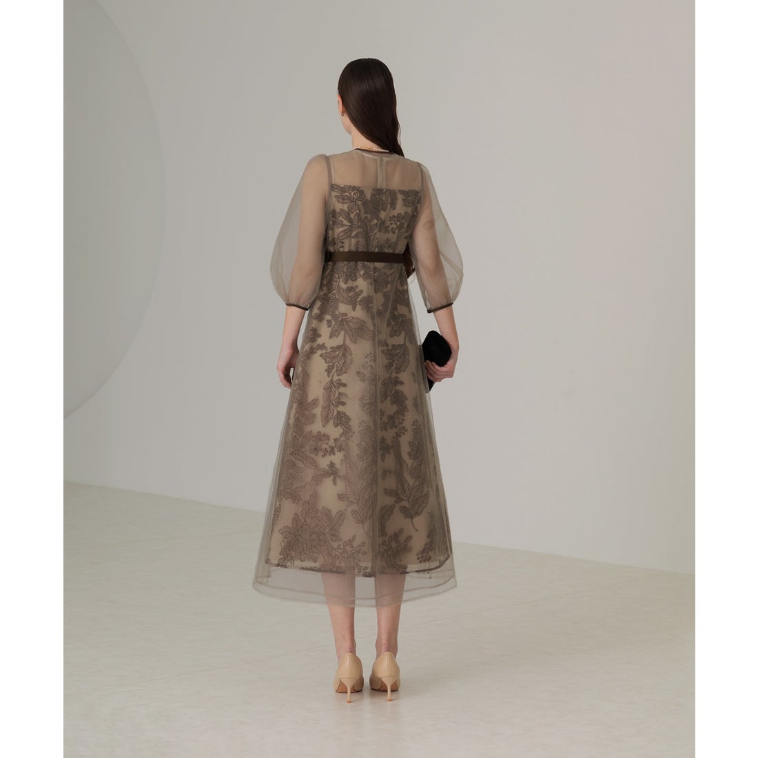 ルミニョン レイヤードチェックベルトドレス キャメル ルミニョン