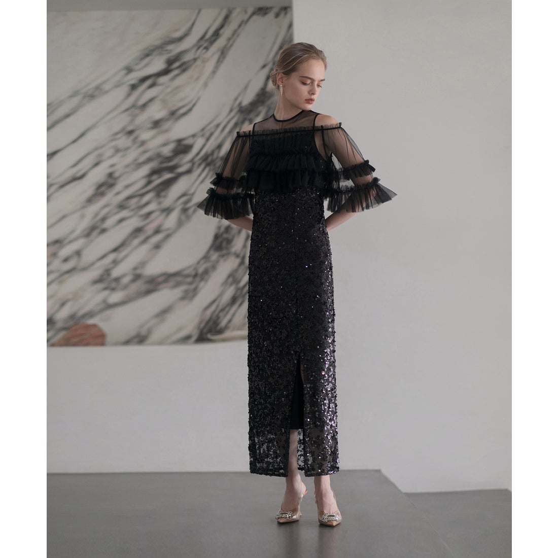 レジャ Leja チュールフリルオフショルダースパンコールIラインドレス