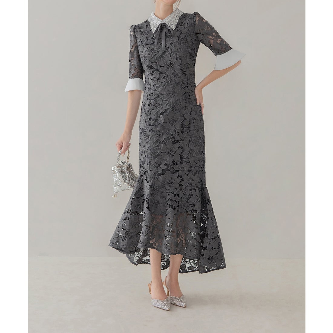 レジャ Leja パールカラーボウタイフラワーレースフィッシュテール