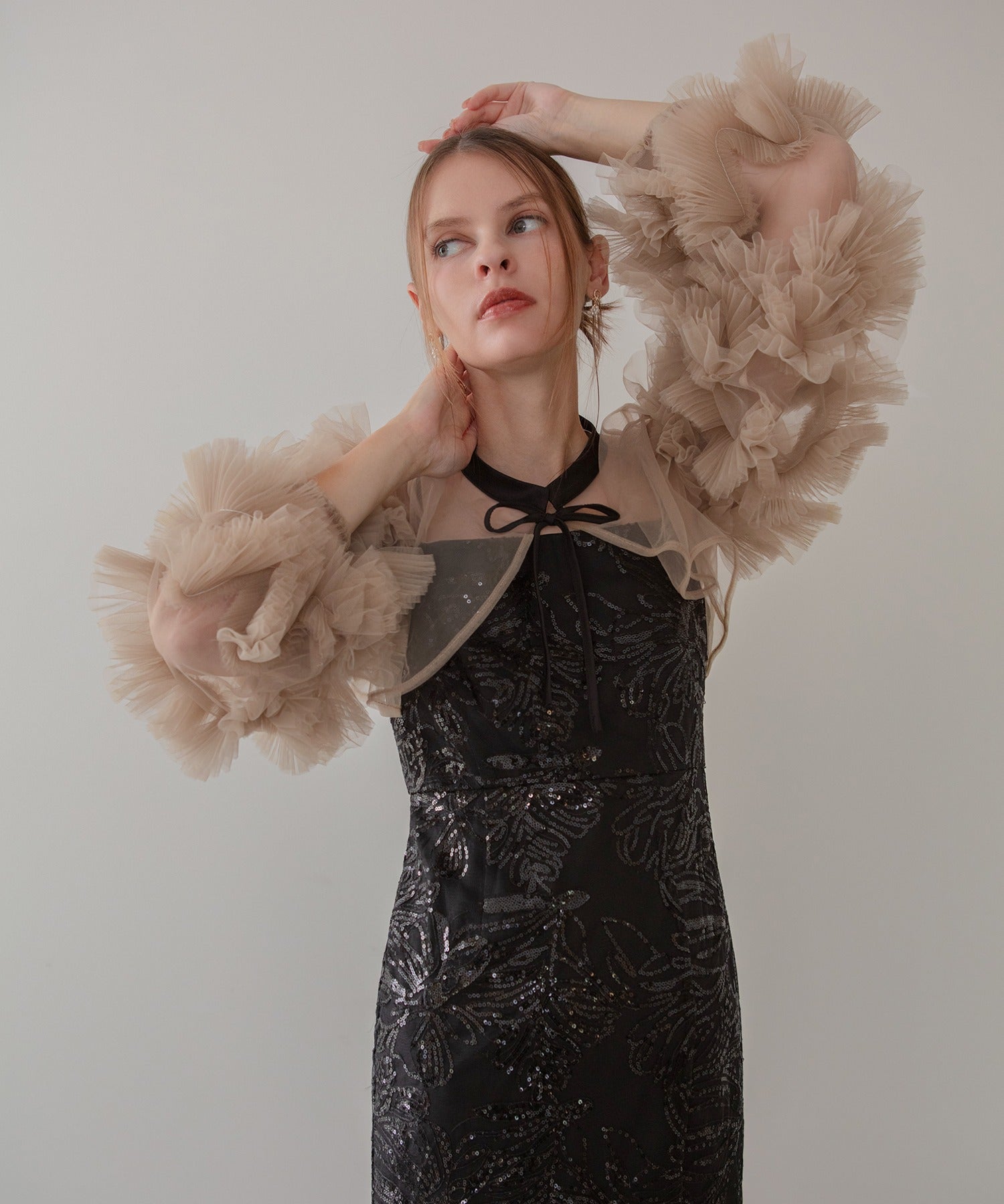 レジャ Leja フリルチュールスリーブリボンIラインワンピースドレス2点