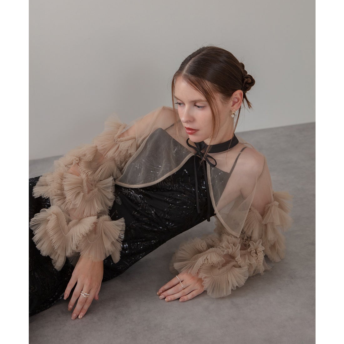 レジャ Leja フリルチュールスリーブリボンIラインワンピースドレス2点