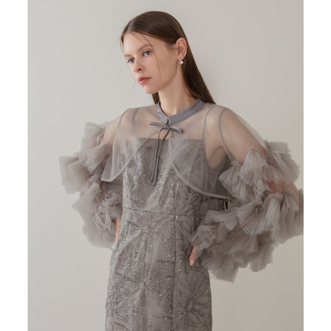 レジャ Leja フリルチュールスリーブリボンIラインワンピースドレス2点